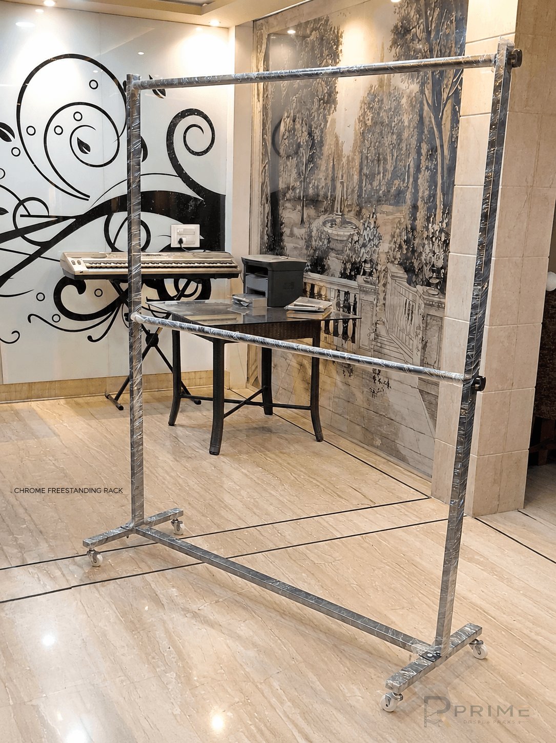Chrome double-bar freestanding rolling garment rack — Prime Display Racks Delhi NCR