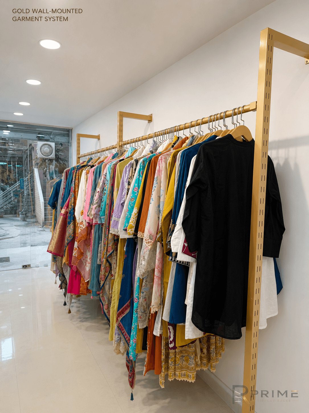 Gold wall-mounted garment hanging system in a fashion store — Prime Display Racks Delhi NCR