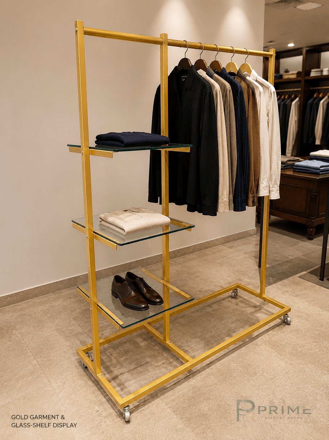 Gold garment rack with glass shelves on castors for menswear display — Prime Display Racks Delhi NCR