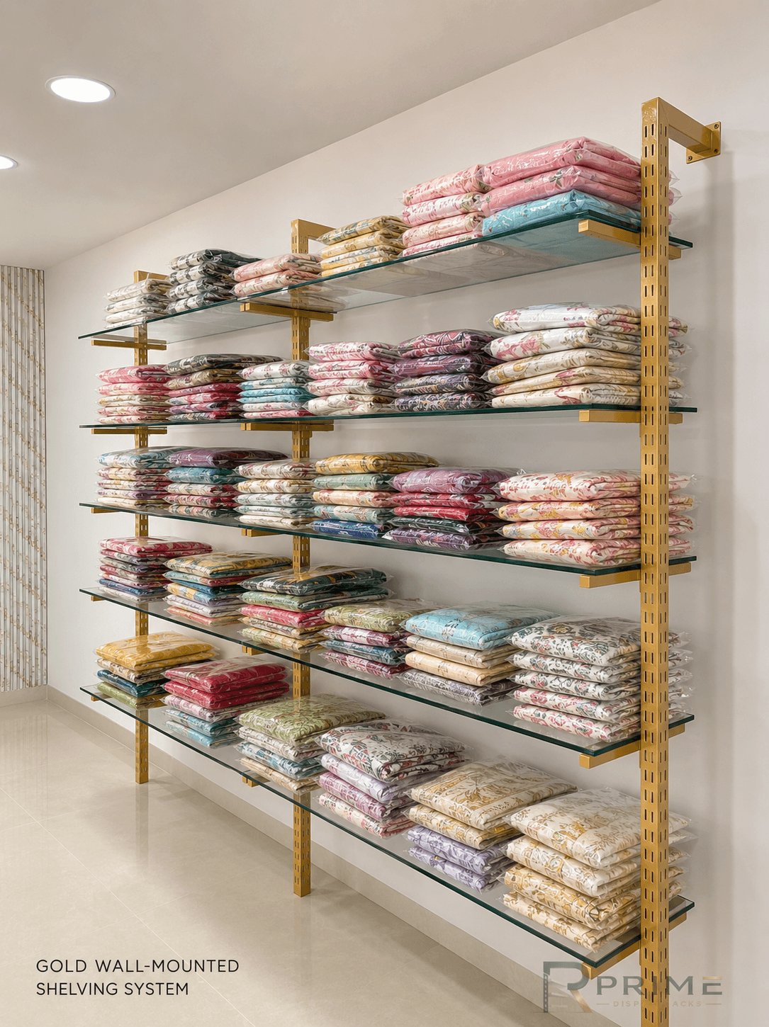 Gold wall-mounted glass shelving system stacked with fabrics — Prime Display Racks Delhi NCR