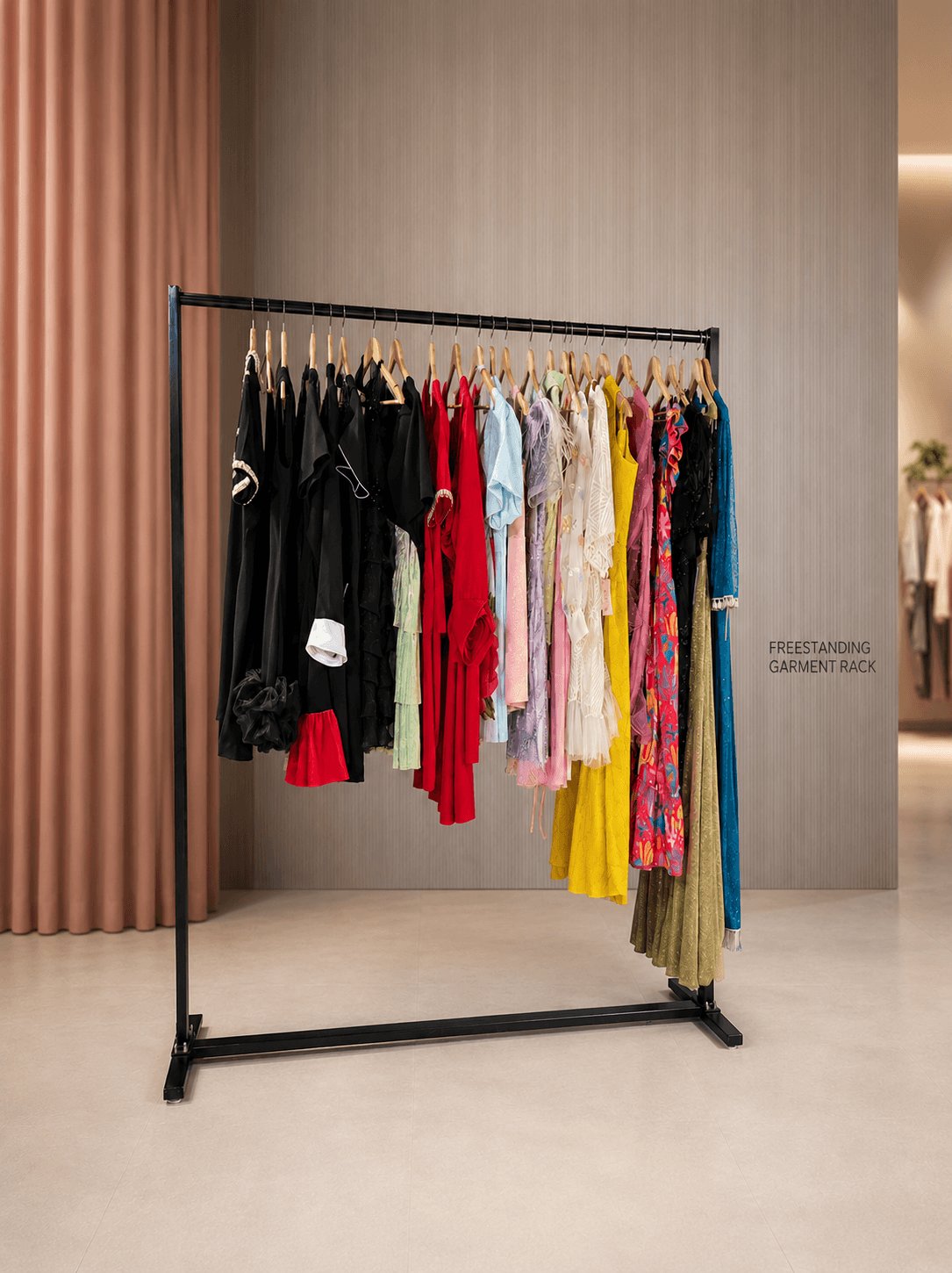 Black freestanding garment rack with designer dresses in a boutique — Prime Display Racks Delhi NCR