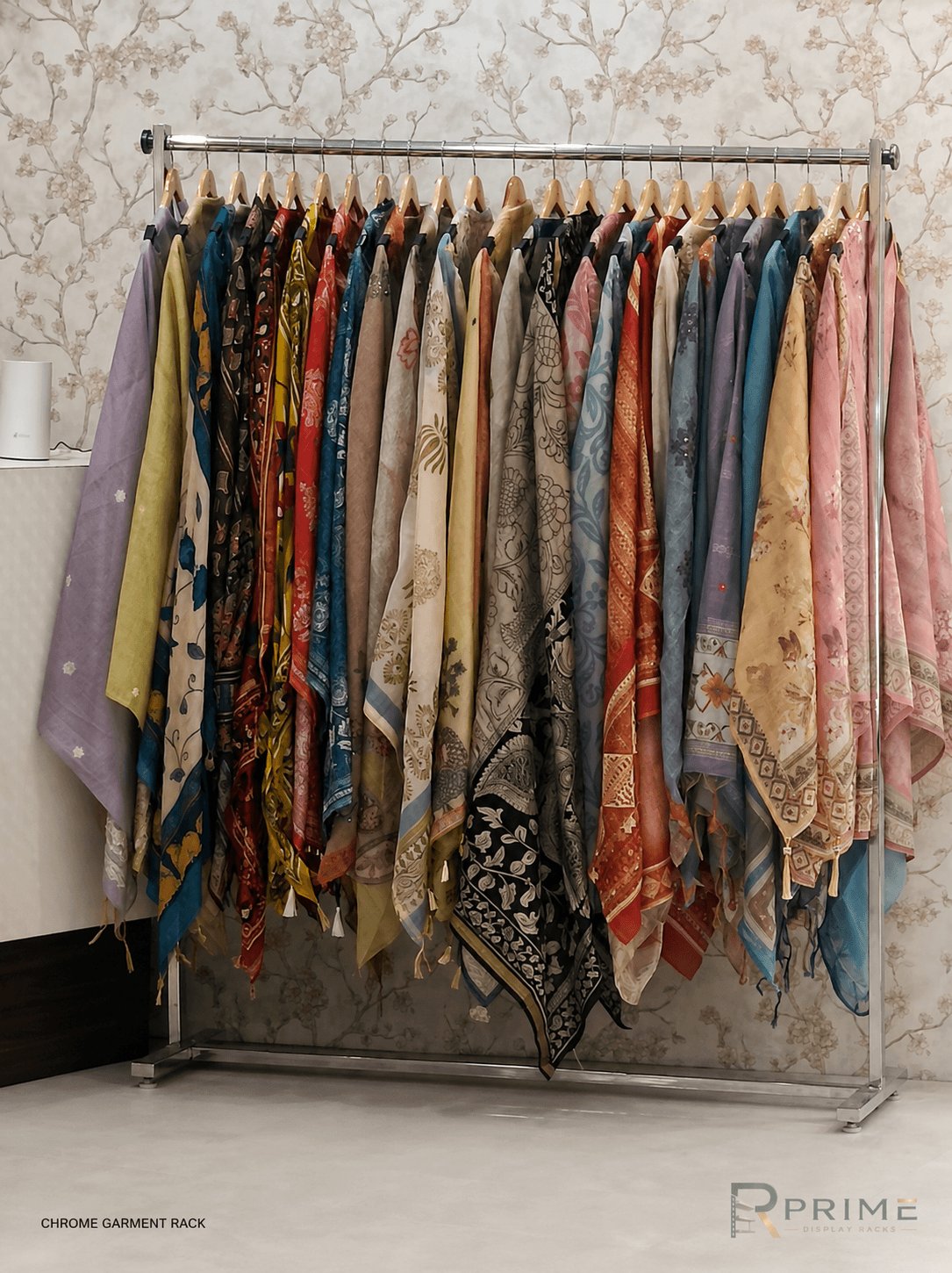 Chrome freestanding garment rack holding printed dupattas — Prime Display Racks Delhi NCR