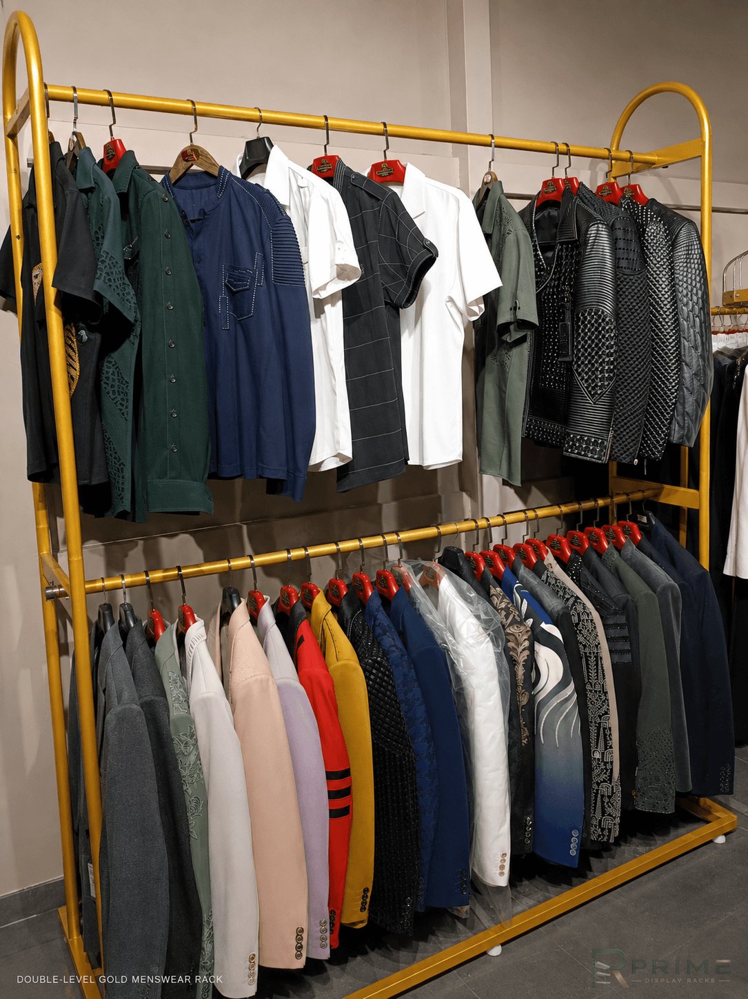 Double-level gold menswear display rack with two hanging bars — Prime Display Racks Delhi NCR