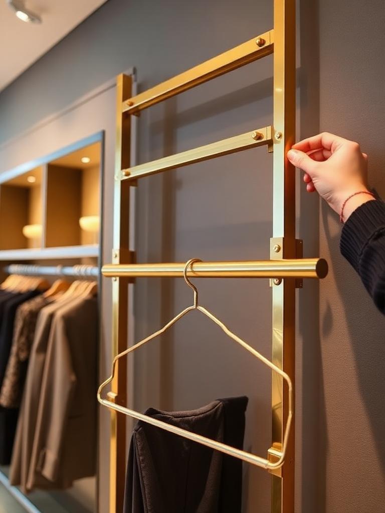 Gold wall-mounted slotted display system in garment store — Prime Display Racks Vikaspuri
