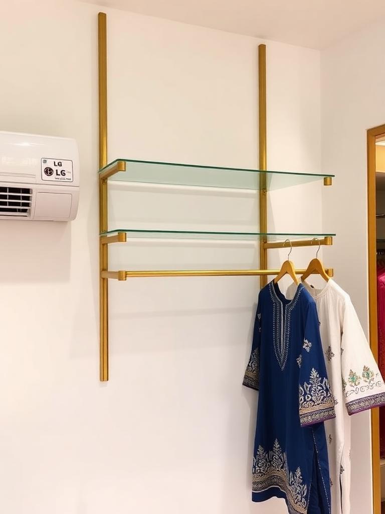 Wall-mounted glass shelf display with hanging rod — boutique display rack Delhi NCR