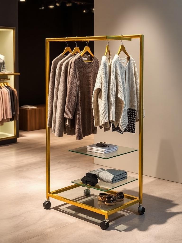 Gold freestanding display rack with glass shelves on wheels — custom garment rack Delhi